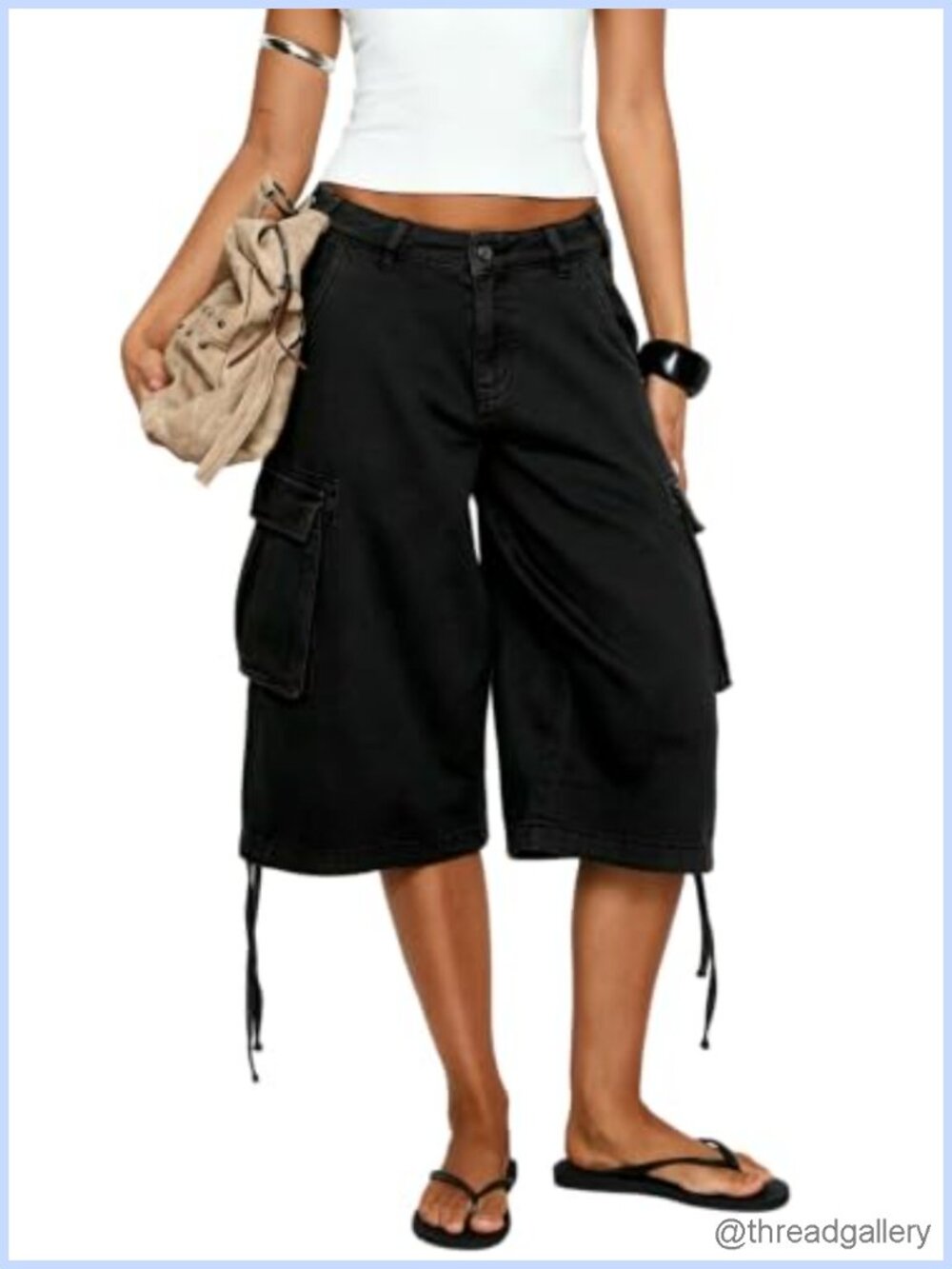 Wide Leg Cargo Capri Jeans Baggy Denim Shorts Drawstring Y2K Jorts